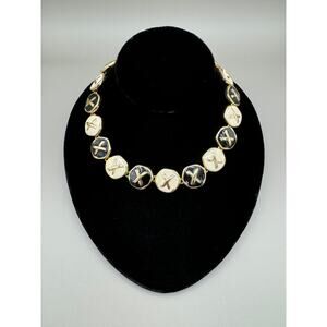 Vintage Black and White Enamel "X" Gold Tone Necklace